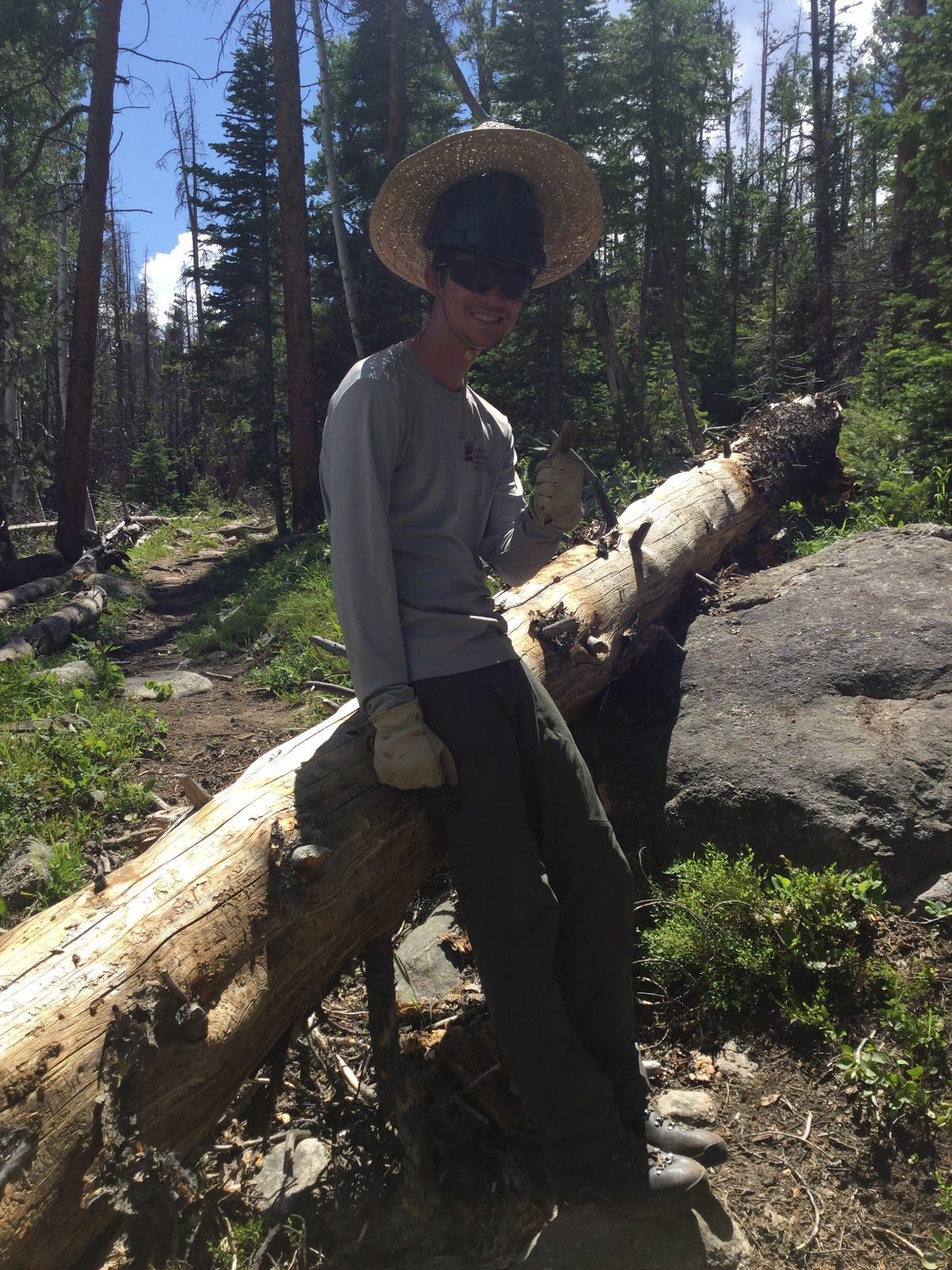 A person in a straw hat and gloves stands on a fallen log in a forest