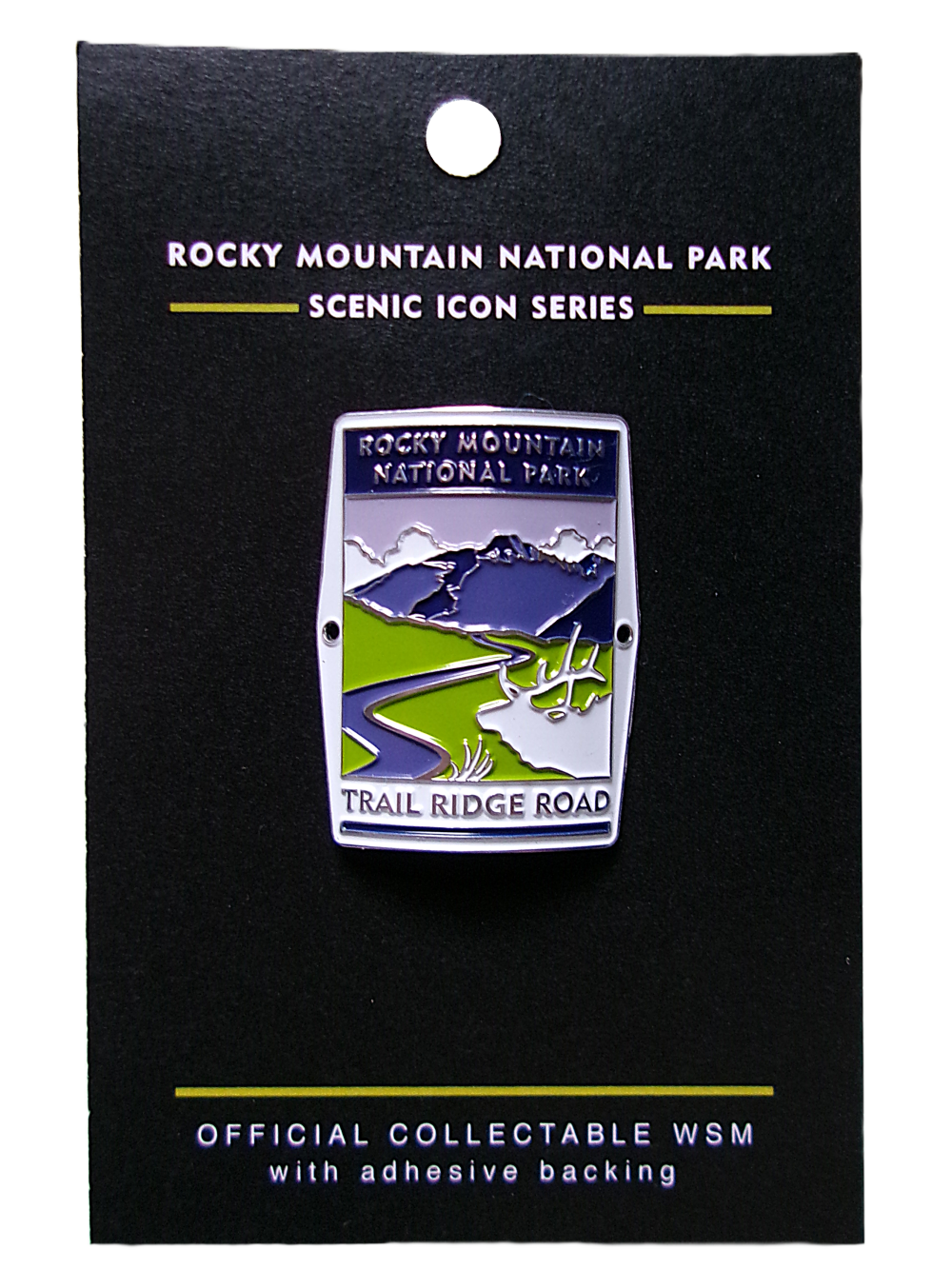 TRR Medallion The Walking Stick Medallion features a scenic view of Trail Ridge Road in Rocky Mountain National Park, with mountains and a winding road, as part of the Scenic Icon Series.