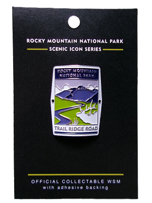 The Walking Stick Medallion features a scenic view of Trail Ridge Road in Rocky Mountain National Park, with mountains and a winding road, as part of the Scenic Icon Series.