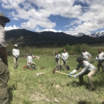 A group of people standing in a field with a shovel.