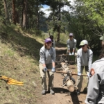 A group of people carrying logs on a trail.