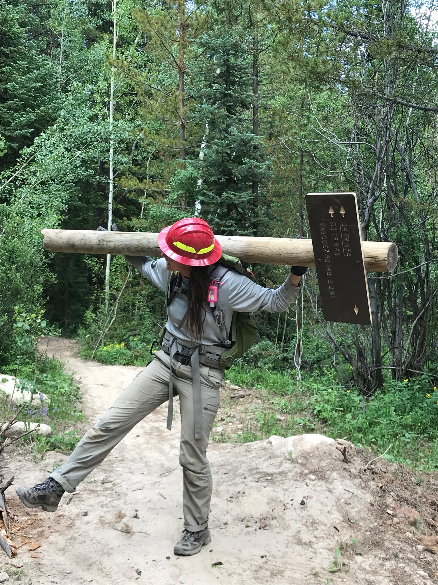 Park ranger carrying a signage on her shoulder in a forest