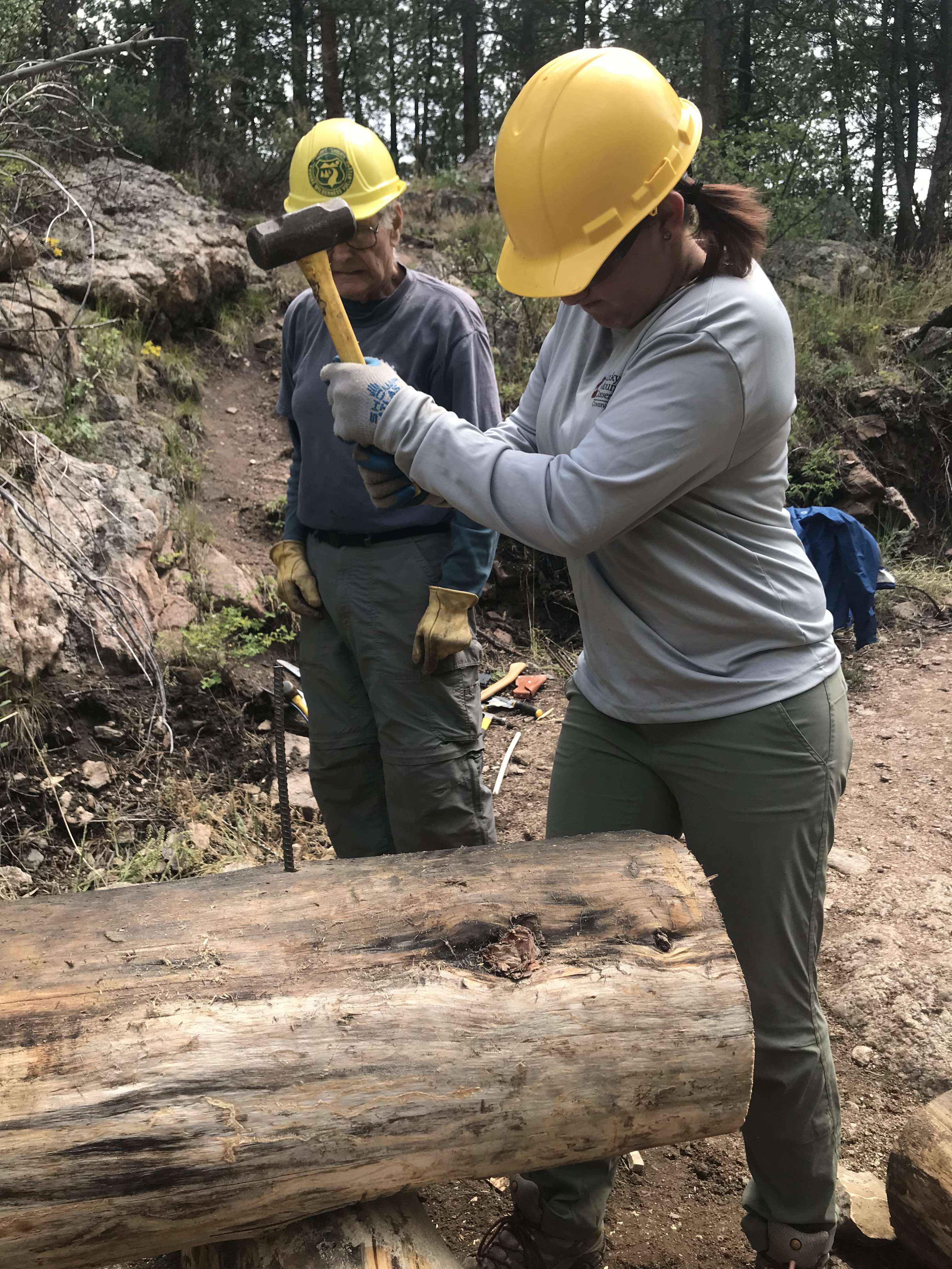 Two people in hard hats and gloves working on a log with tools in a forest setting.