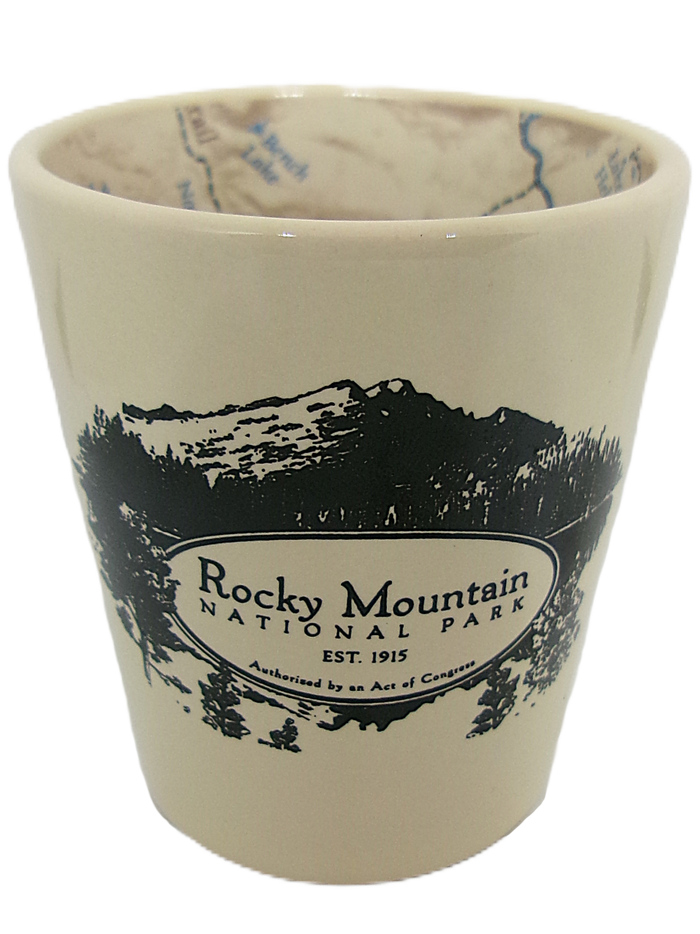 McGovern Map A shot glass featuring black illustrations of mountains and trees. Text reads: "Rocky Mountain National Park Map Est. 1915 Authorized by an Act of Congress.