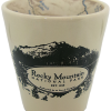 McGovern Map A shot glass featuring black illustrations of mountains and trees. Text reads: "Rocky Mountain National Park Map Est. 1915 Authorized by an Act of Congress.