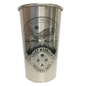 A Glass - Stainless Steel Pint with an image of a mountain.