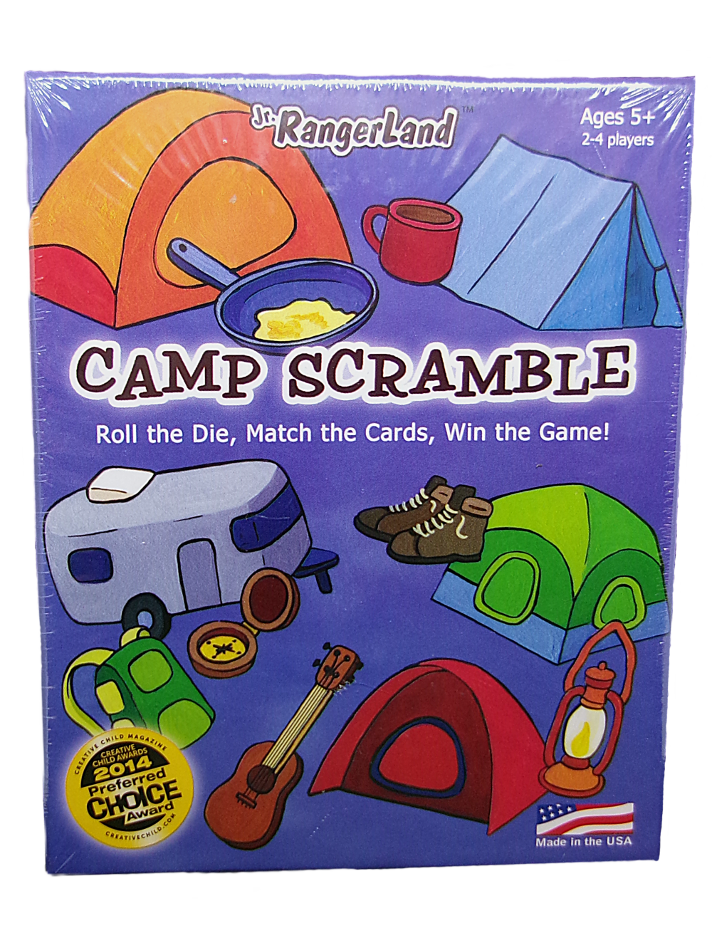 The "Camp Scramble" board game box features illustrations of tents, camping gear, and a frying pan. It's suitable for 2-4 players aged 5 and up and is made in the USA.