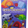 The "Camp Scramble" board game box features illustrations of tents, camping gear, and a frying pan. It's suitable for 2-4 players aged 5 and up and is made in the USA.