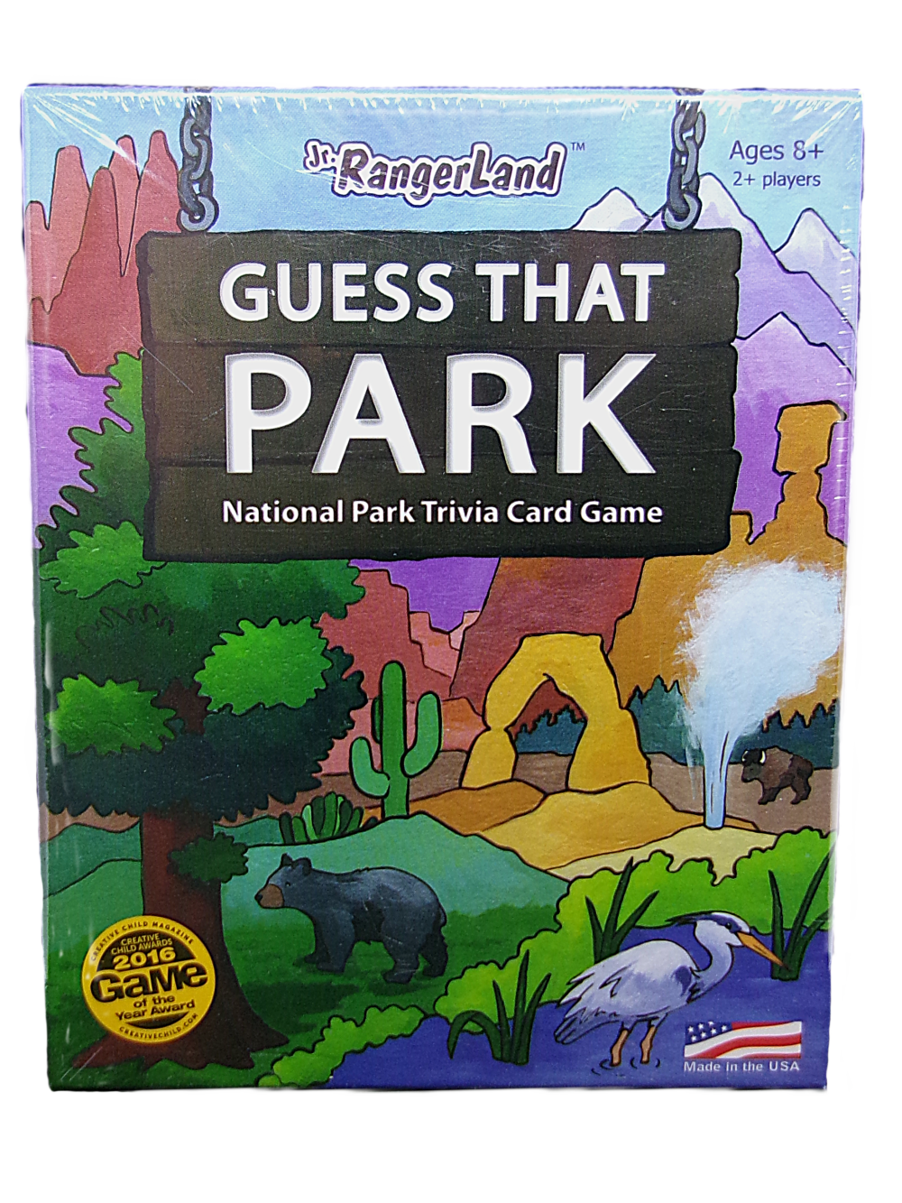 The Guess That Park card game box showcases vibrant illustrations of landscapes, animals, and a waterfall. Designed for ages 8 and up and accommodating 2+ players, it is proudly made in the USA.