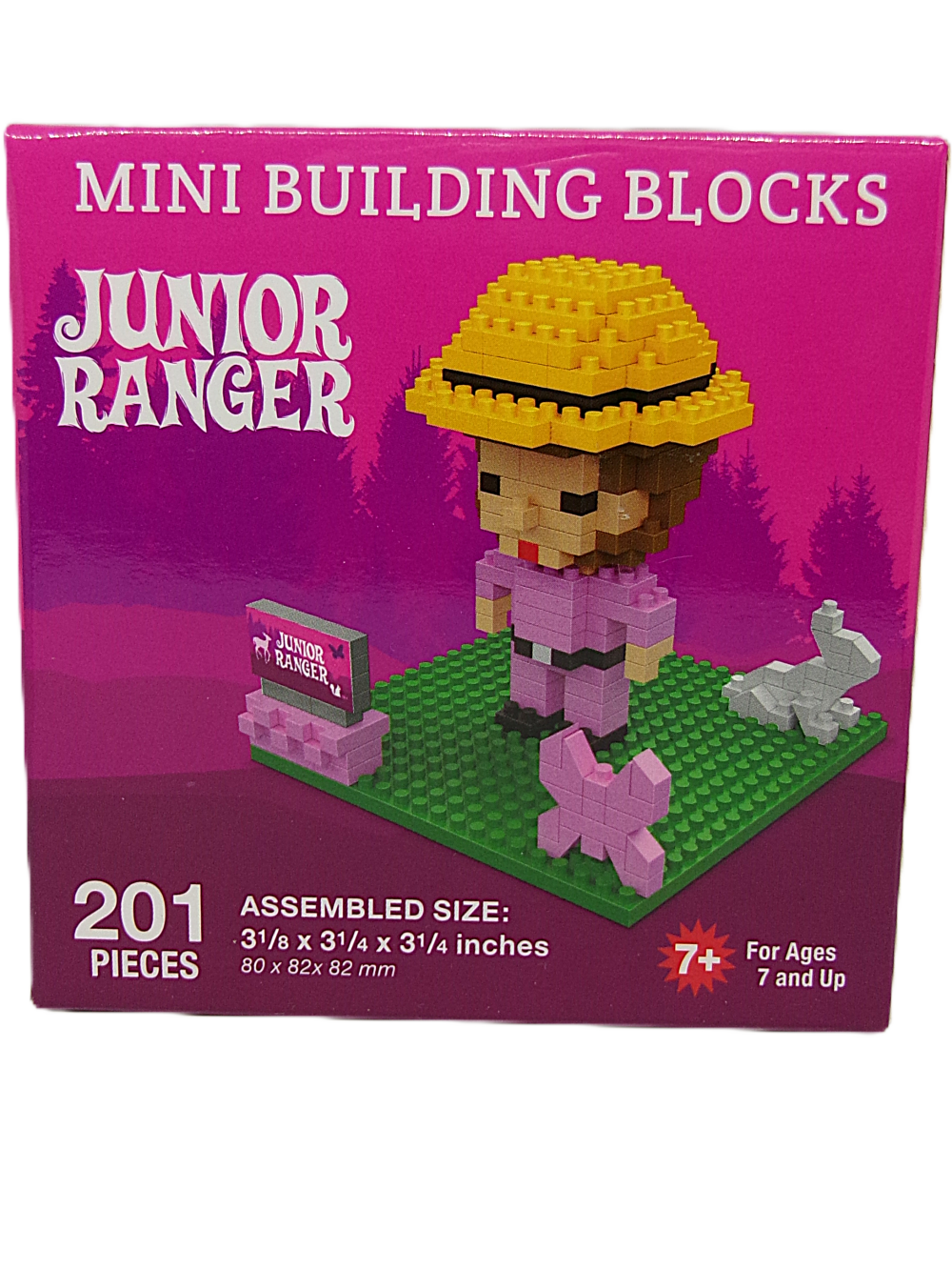 Box of "Junior Ranger Pink" mini building blocks with a figure, hat, sign, dog, and trees on a green base. Includes 201 pieces for ages 7+.