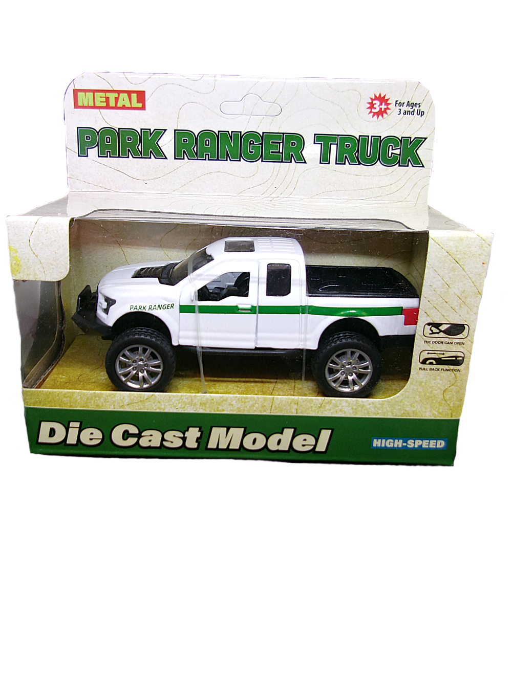 Die-cast Park Ranger Truck model, suitable for ages 3+, packaged in a box featuring green and black graphics.