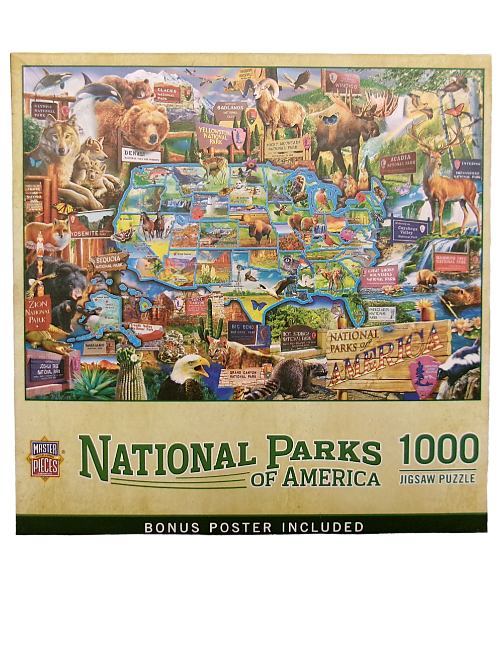 The "Puzzle - National Parks of America Jigsaw" box showcases an illustrated map with animals, includes 1000 pieces, and comes with a bonus poster.