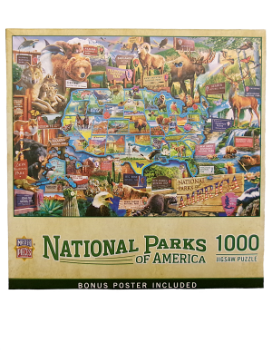 The "Puzzle - National Parks of America Jigsaw" box showcases an illustrated map with animals, includes 1000 pieces, and comes with a bonus poster.