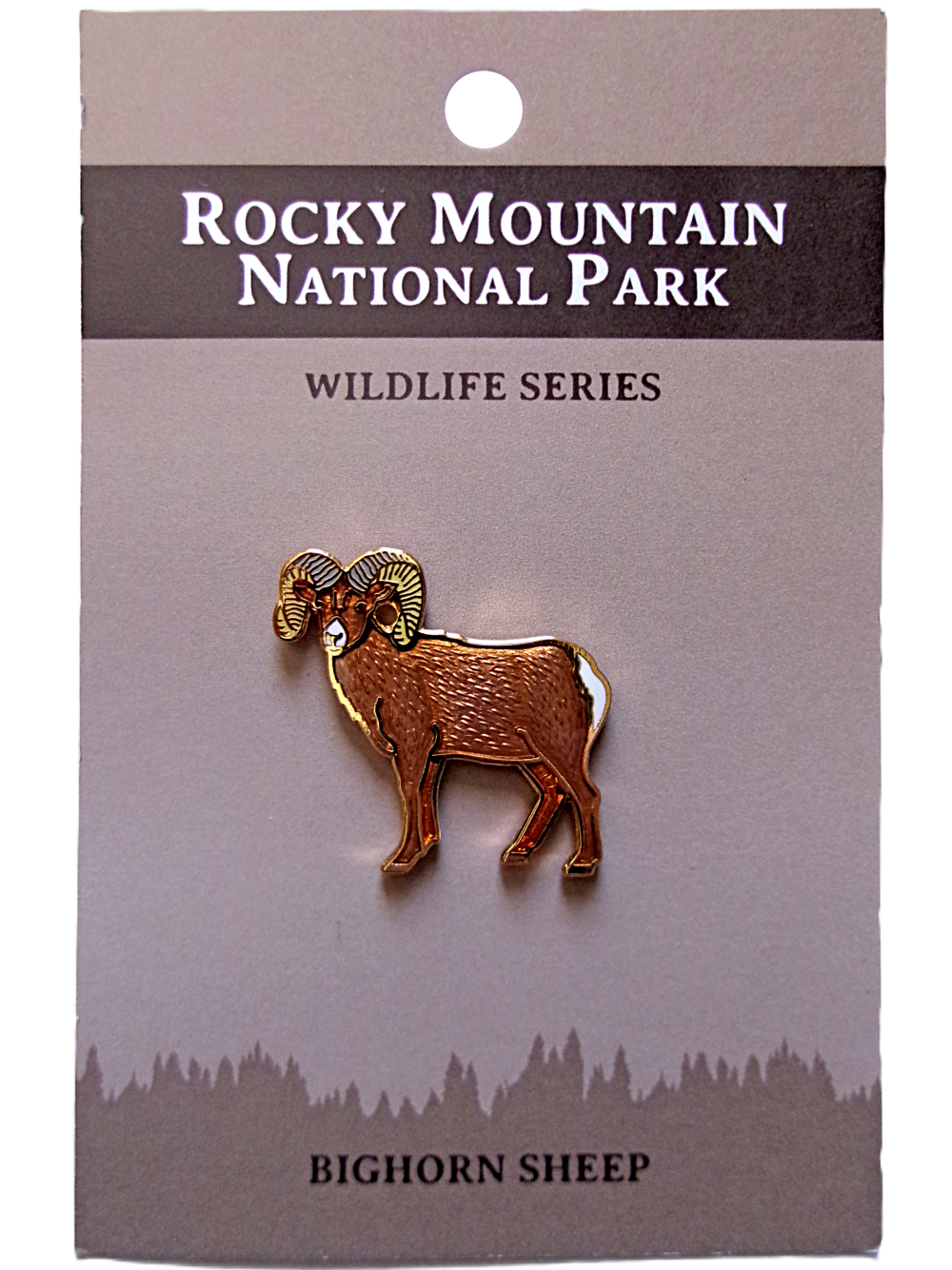 BigHorn Pin Pin of a bighorn sheep from the RMNP North American Wildlife Series, displayed on a card.