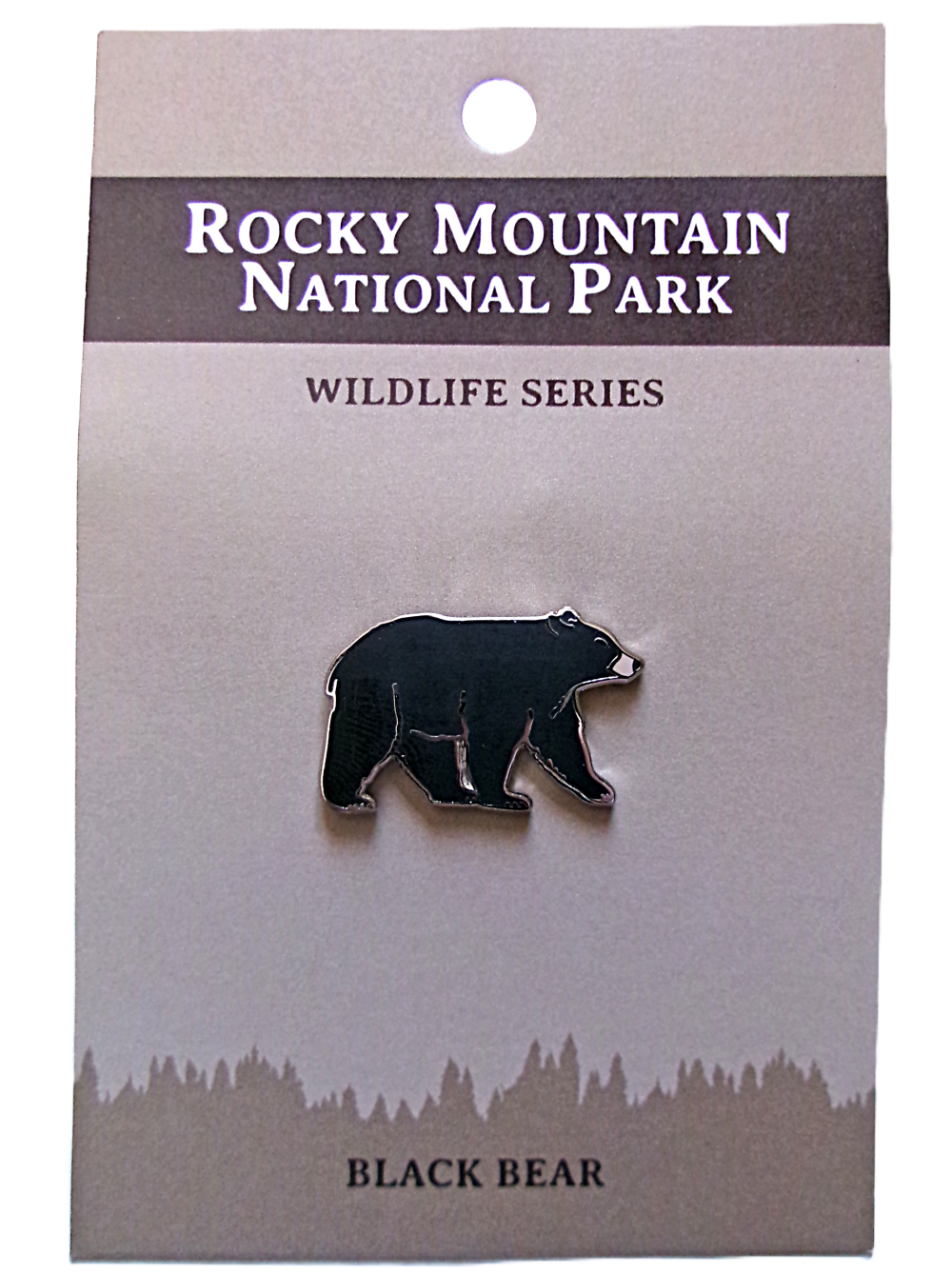 Black Bear Pin A pin showcasing a black bear silhouette labeled "RMNP North American Wildlife Series Black Bear.