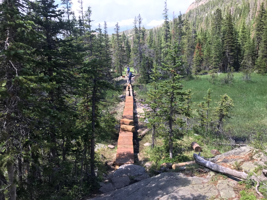 A person is walking across a wooden bridge in a wooded area.