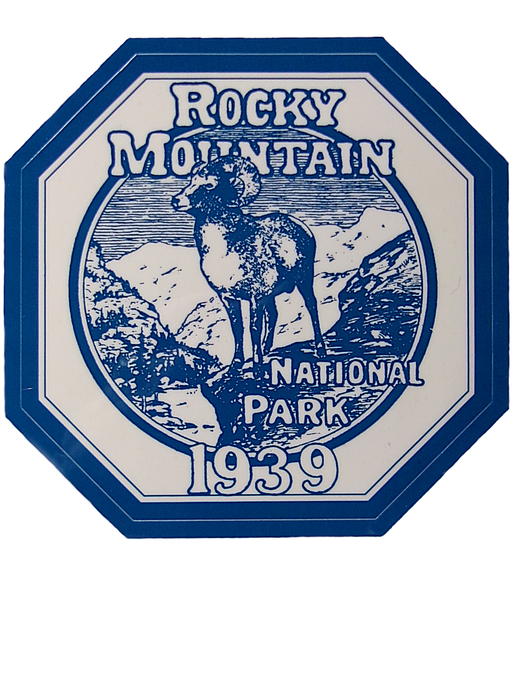 Hexagonal blue and white badge sticker featuring a ram, mountains, and the text "Rocky Mountain National Park 1939" from Sticker - RMNP Historic Park.