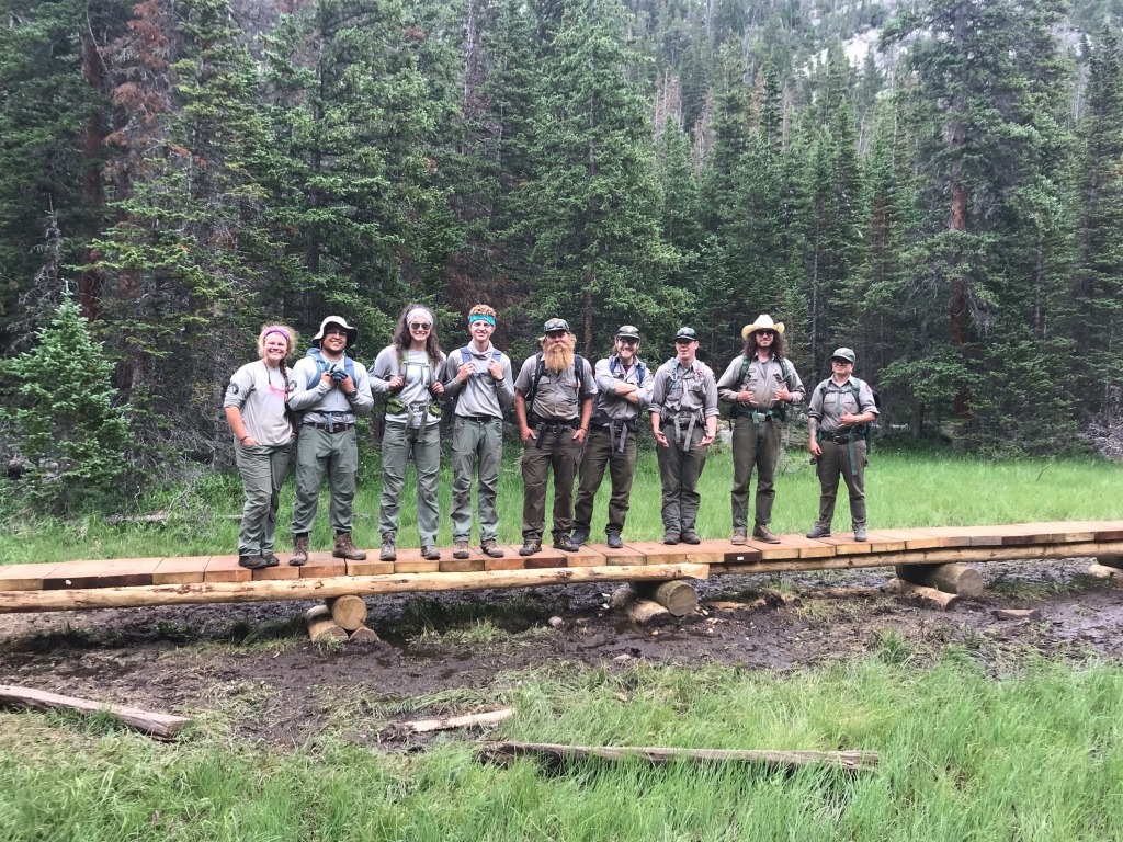 A group of people standing on a wooden bridge in the woods.