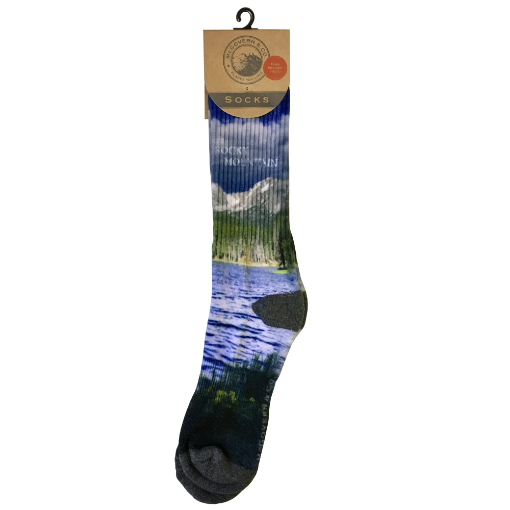 A pair of RMNP Sprague Lake Picture socks.