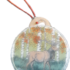 A circular ornament named "Ornament - RMNP Elk Sun Catcher" featuring an illustration of a deer in a forest adorned with autumn foliage and the text "Rocky Mountain National Park" at the bottom. It includes a red and white string for easy hanging.