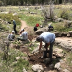 A group of people working on a trail in the woods.
