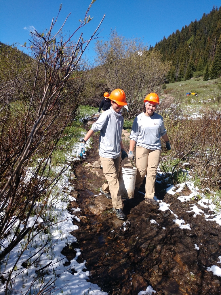Two people walking down a snowy trail with buckets.