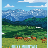 Poster The Poster - RMNP Elk Scene depicts an illustration of Rocky Mountain National Park, showcasing elk walking through a grassy field with snowy mountains in the background and blue skies above.