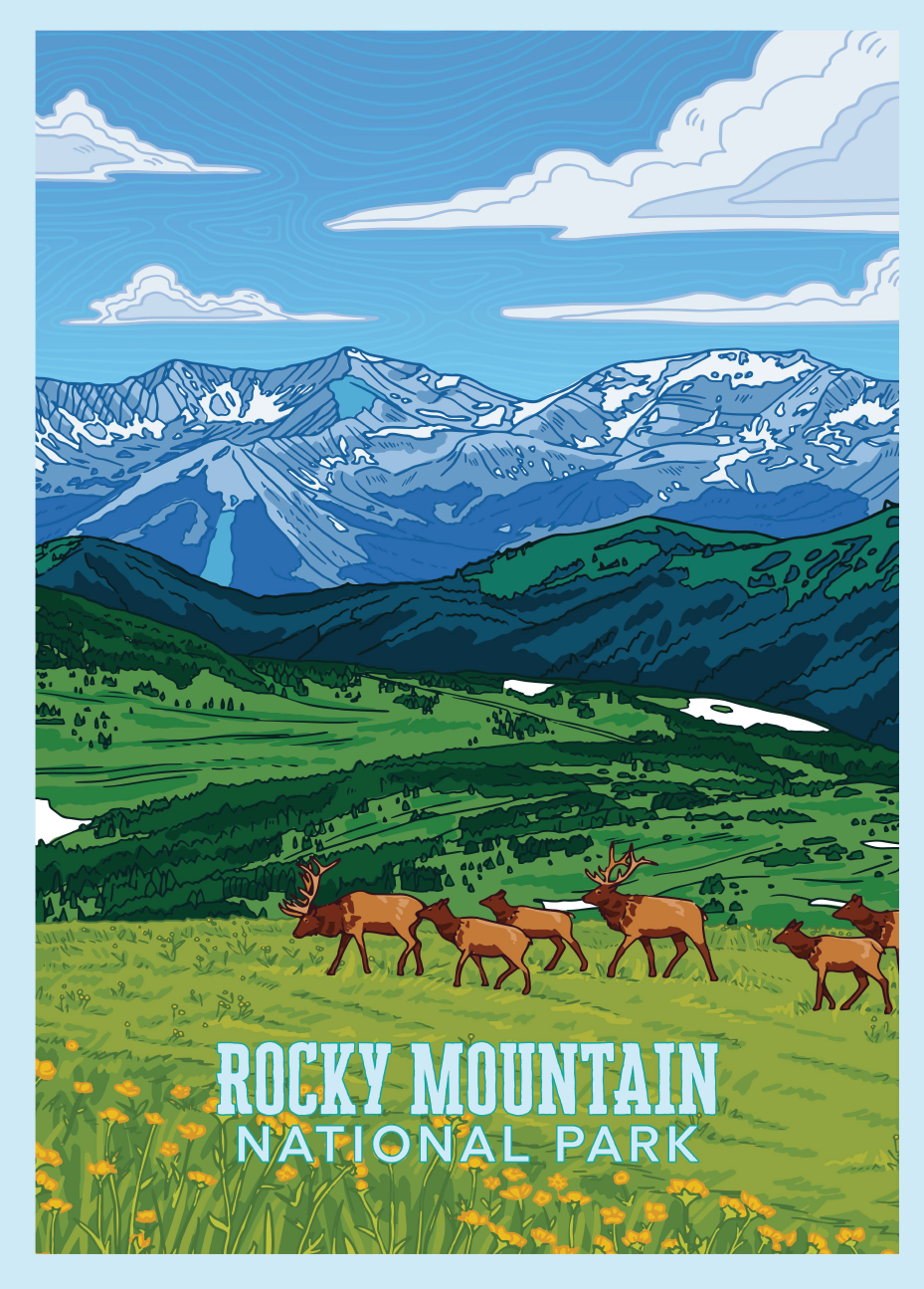 Poster The Poster - RMNP Elk Scene depicts an illustration of Rocky Mountain National Park, showcasing elk walking through a grassy field with snowy mountains in the background and blue skies above.