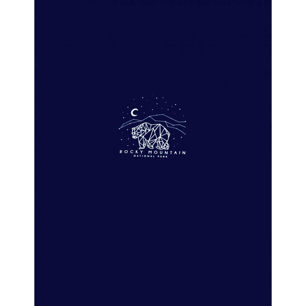 A blue notebook with an image of a RMNP Night Sky Bear on it.