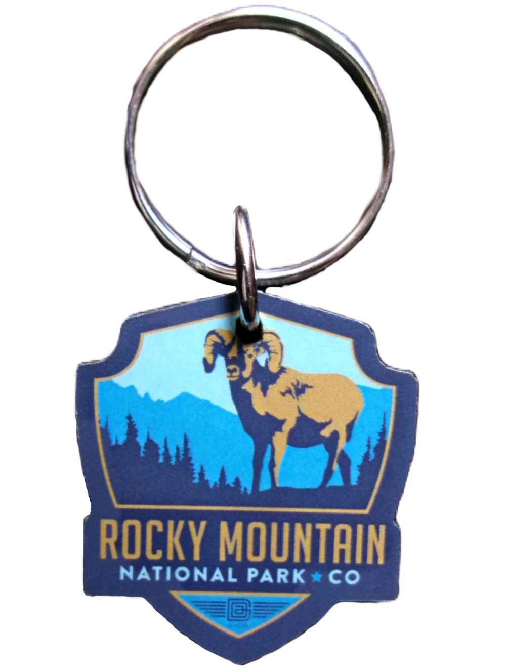Rocky Mountain National Park Co keychain showcases a bighorn sheep and mountain silhouette. Product: Keychain - RMNP Ram.