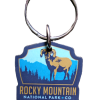 Rocky Mountain National Park Co keychain showcases a bighorn sheep and mountain silhouette. Product: Keychain - RMNP Ram.