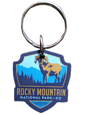 Rocky Mountain National Park Co keychain showcases a bighorn sheep and mountain silhouette. Product: Keychain - RMNP Ram.