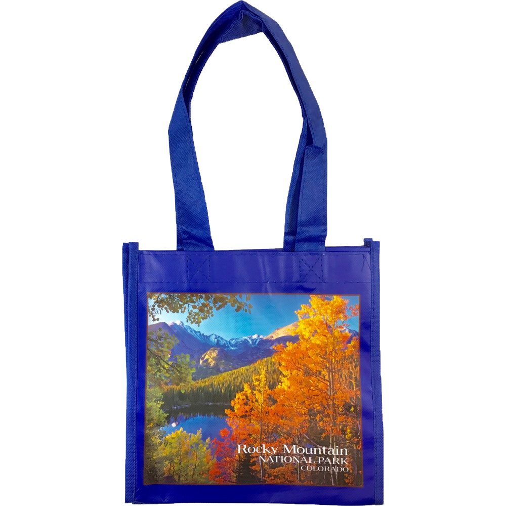 A Rocky Mountain National Park Reusable Tote with an image of the mountains.
