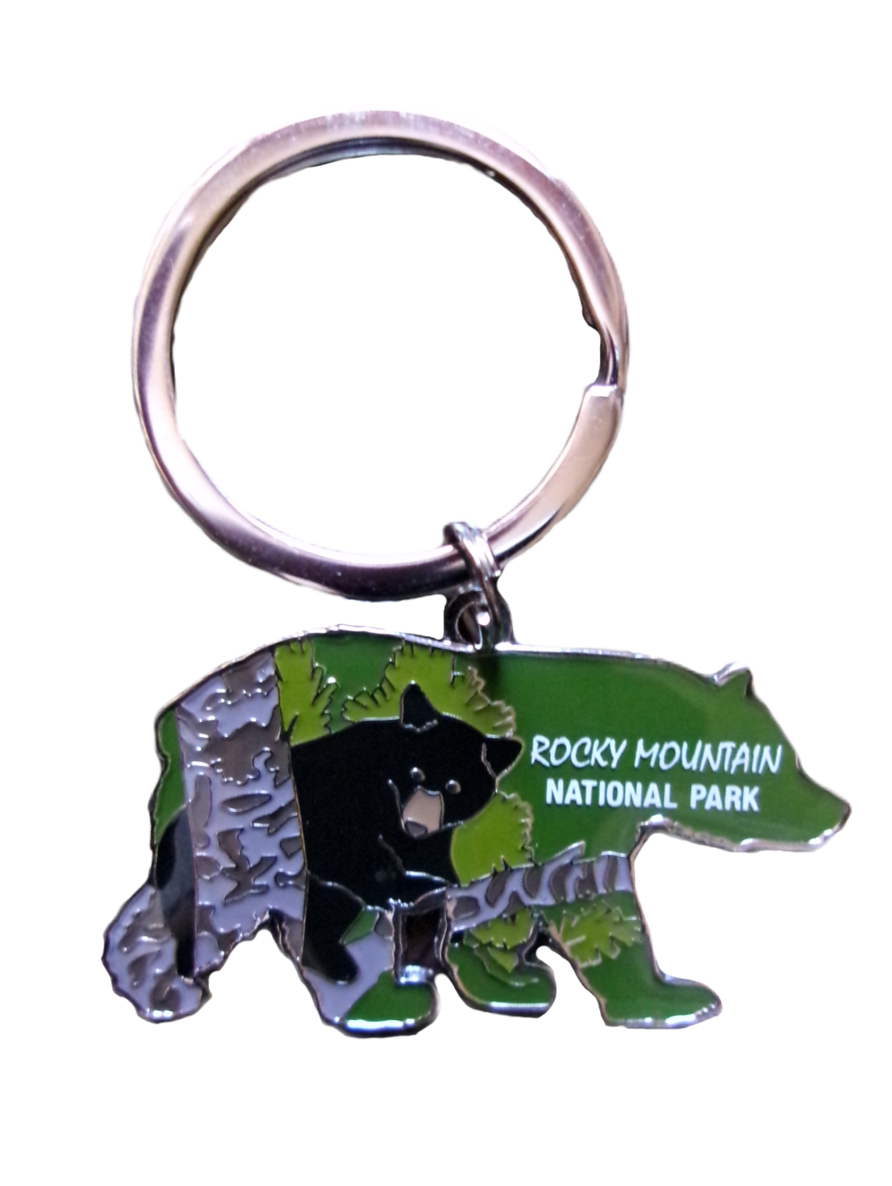 Bear-shaped keychain titled "Keychain - RMNP Bear" displays a bear cub and the text "Rocky Mountain National Park" on a green background.