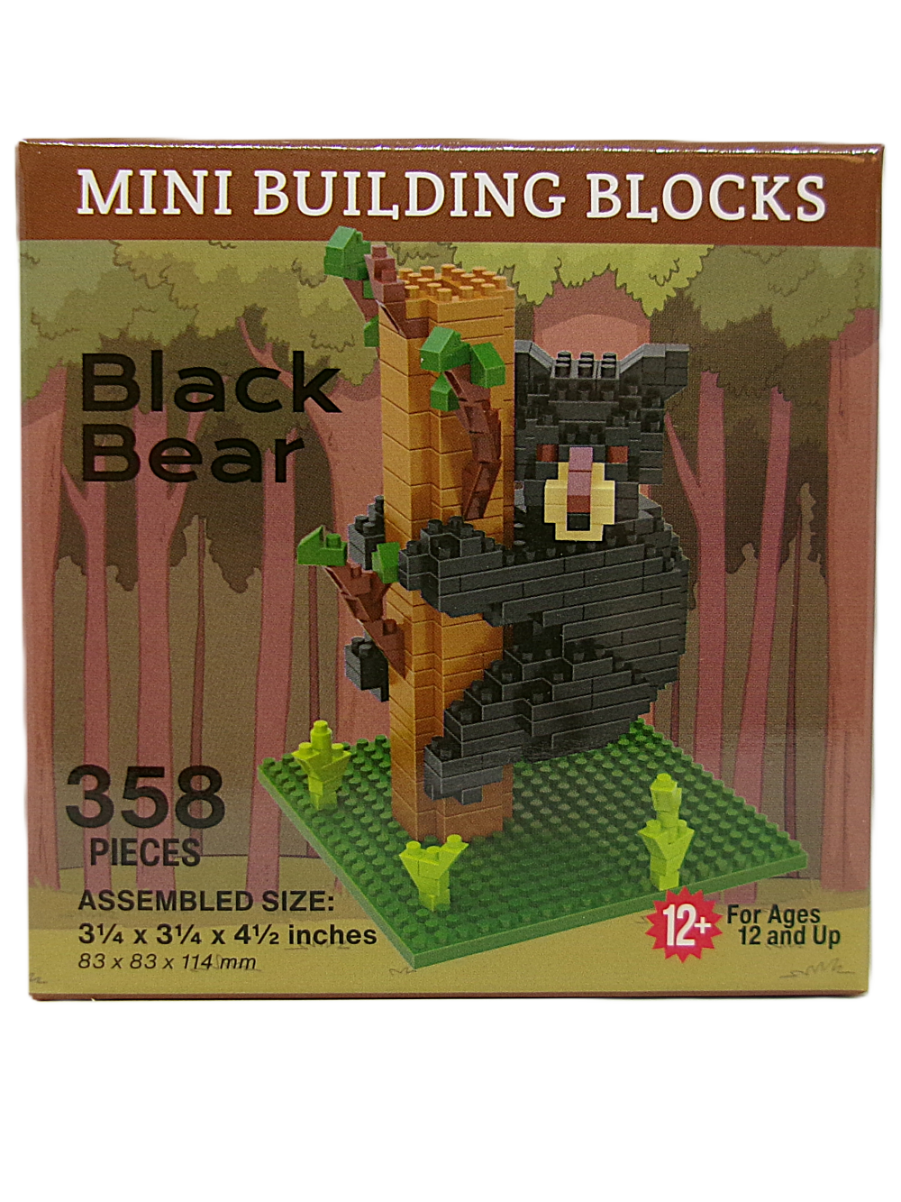 Mini Building Blocks - Black Bear set has 358 pieces, featuring a black bear climbing a tree, suitable for ages 12 and up. Includes box with assembled size details.