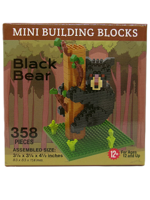 Mini Building Blocks - Black Bear set has 358 pieces, featuring a black bear climbing a tree, suitable for ages 12 and up. Includes box with assembled size details.