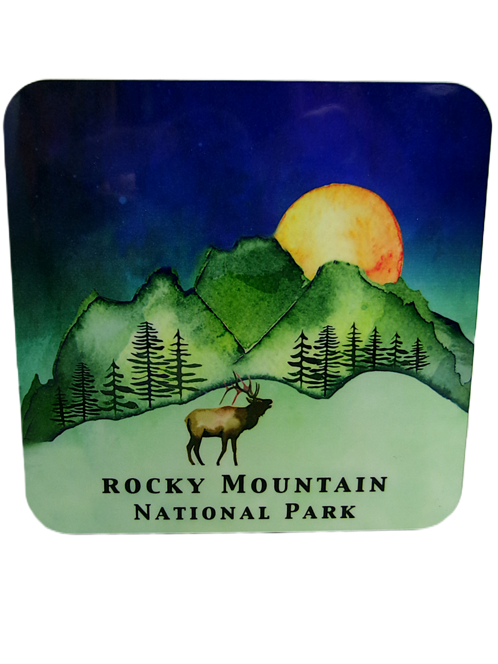 The Coaster - RMNP Blue Moon Elk features an illustration of Rocky Mountain National Park with a deer silhouette, green mountains, trees, and a setting sun.