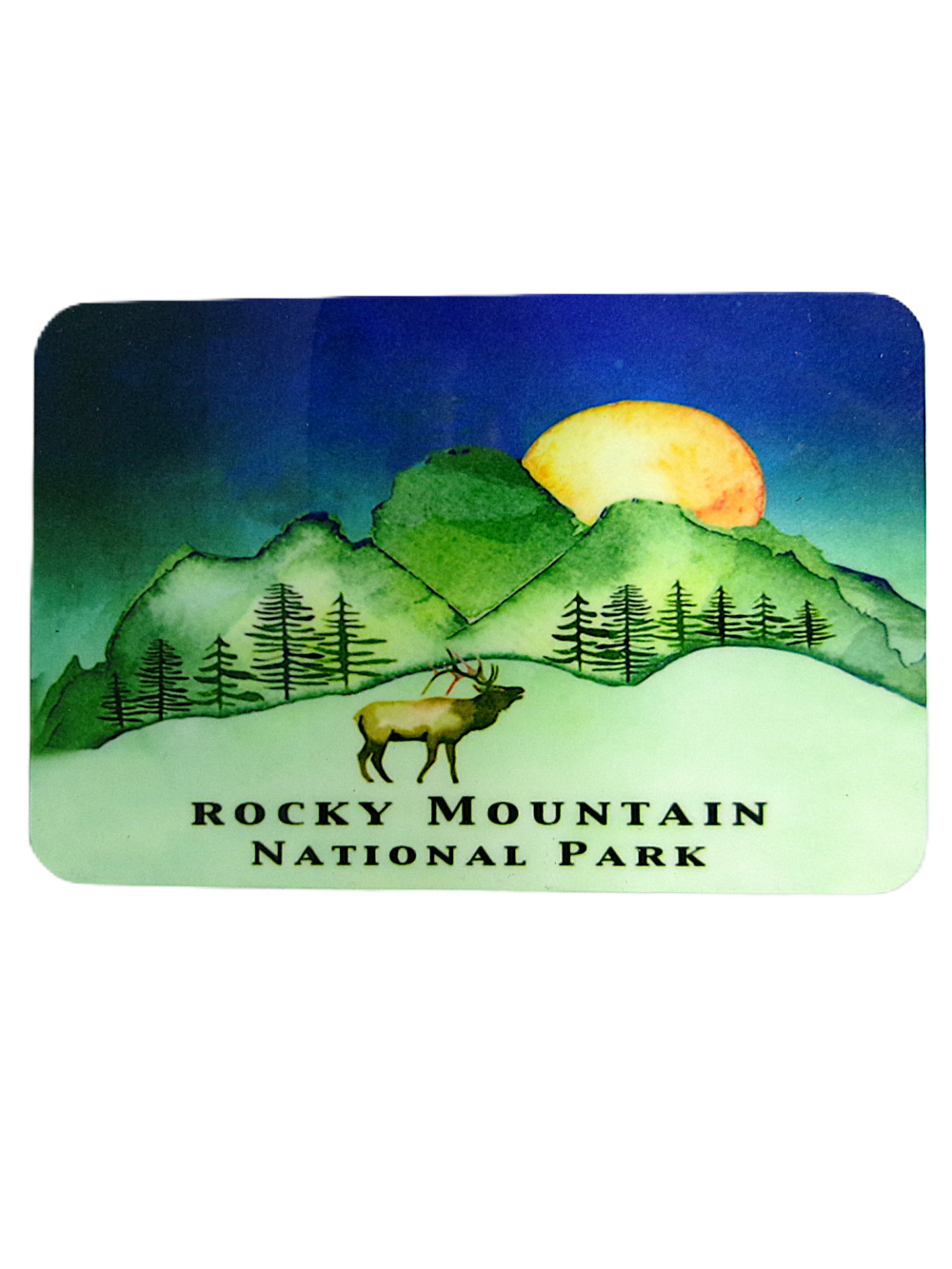Rocky Mountain National Park illustration on the Magnet - RMNP Night Sky Elk features mountains, a setting sun, trees, and an elk in the foreground.