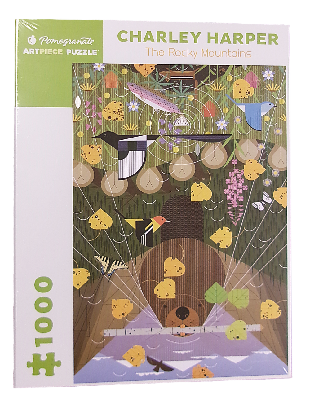 Charley Harper's "The Rocky Mountains" puzzle box, showcasing stylized animals and nature elements, includes 1000 pieces.