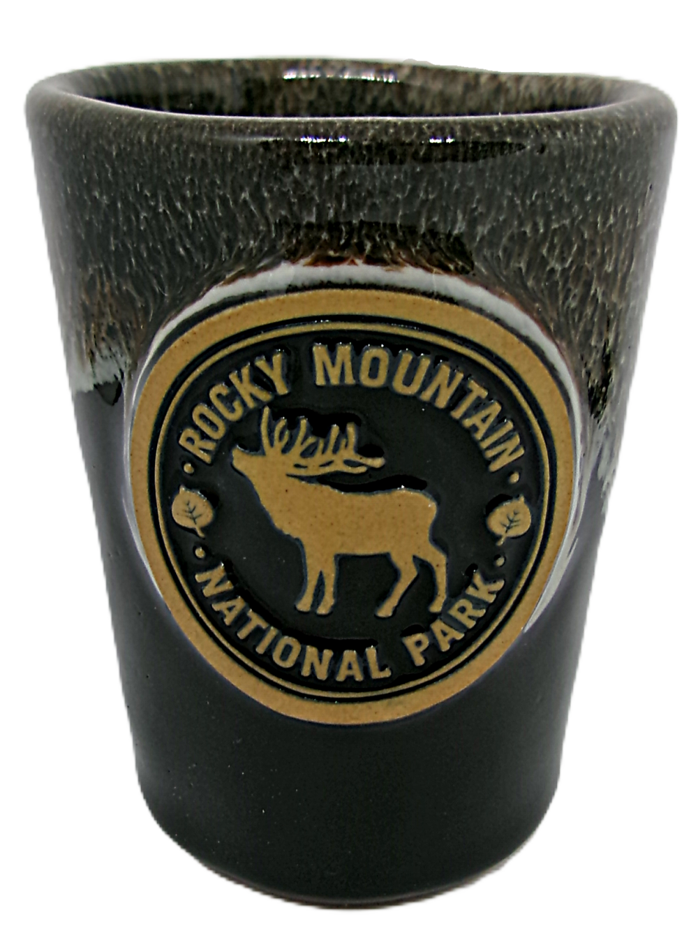 Black ceramic shot glass featuring the Rocky Mountain National Park emblem with an elk and text.
