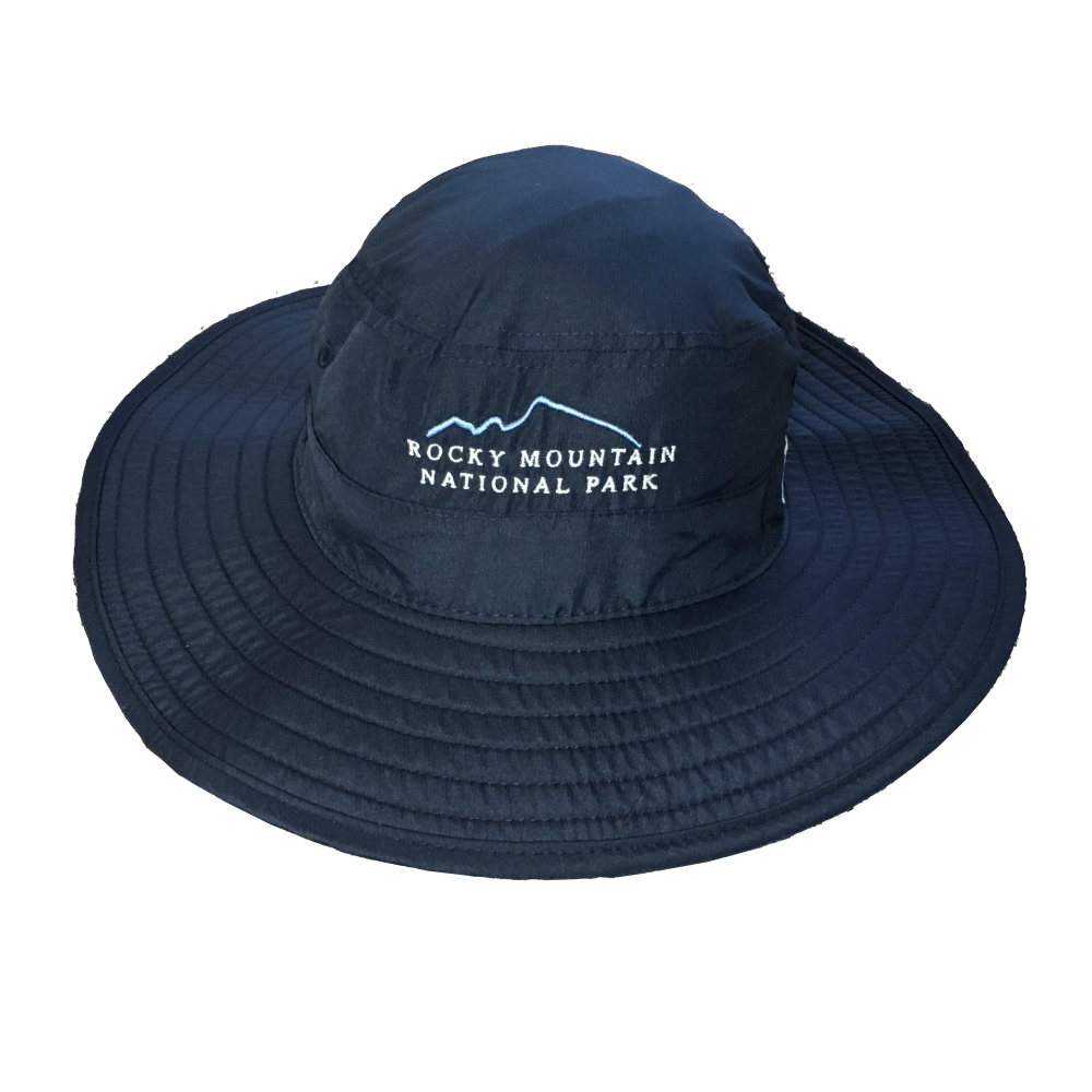 A blue RMNP Bucket with the words mountain national park on it.