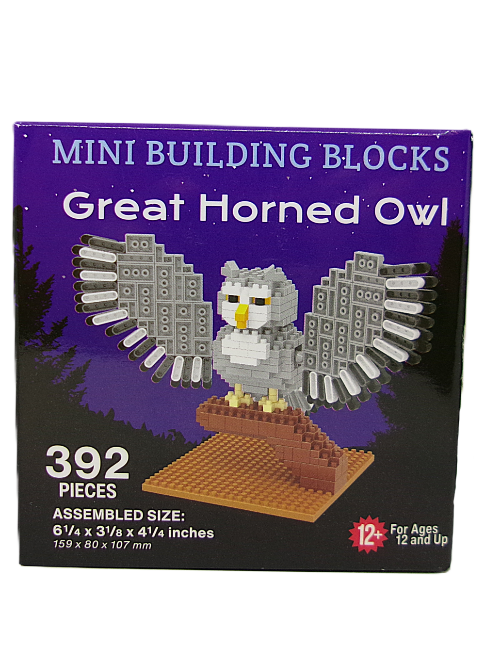 Owl A box of 392-piece Mini Building Blocks featuring a model of a Great Horned Owl, designed for ages 12 and up.