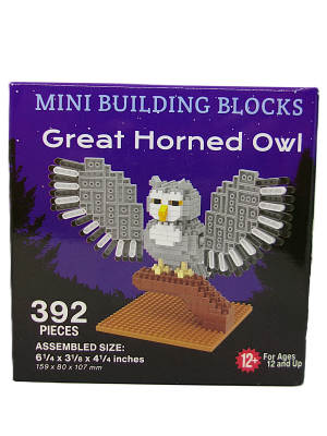 A box of 392-piece Mini Building Blocks featuring a model of a Great Horned Owl, designed for ages 12 and up.