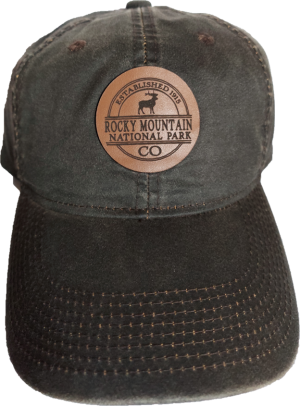 A RMNP Brown Elk hat with a leather patch on it.