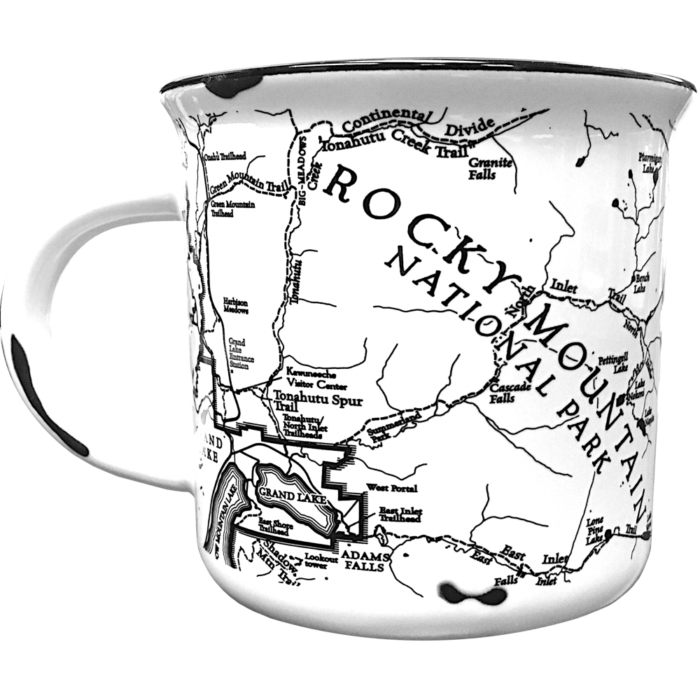 A black and white RMNP Camp mug featuring a map of Rocky Mountain National Park.