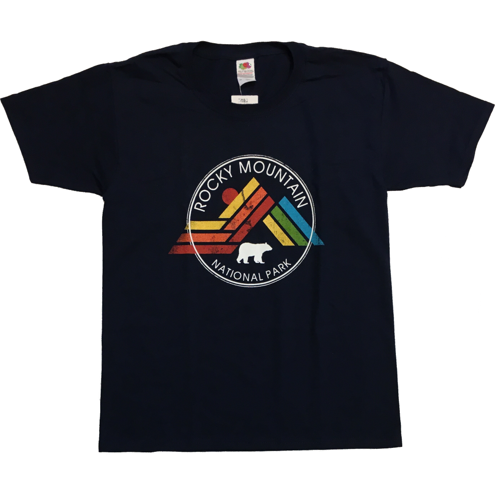 A navy T-shirt with a rainbow triangle on it.
Product Name: T-Shirt - Kids RMNP Bear