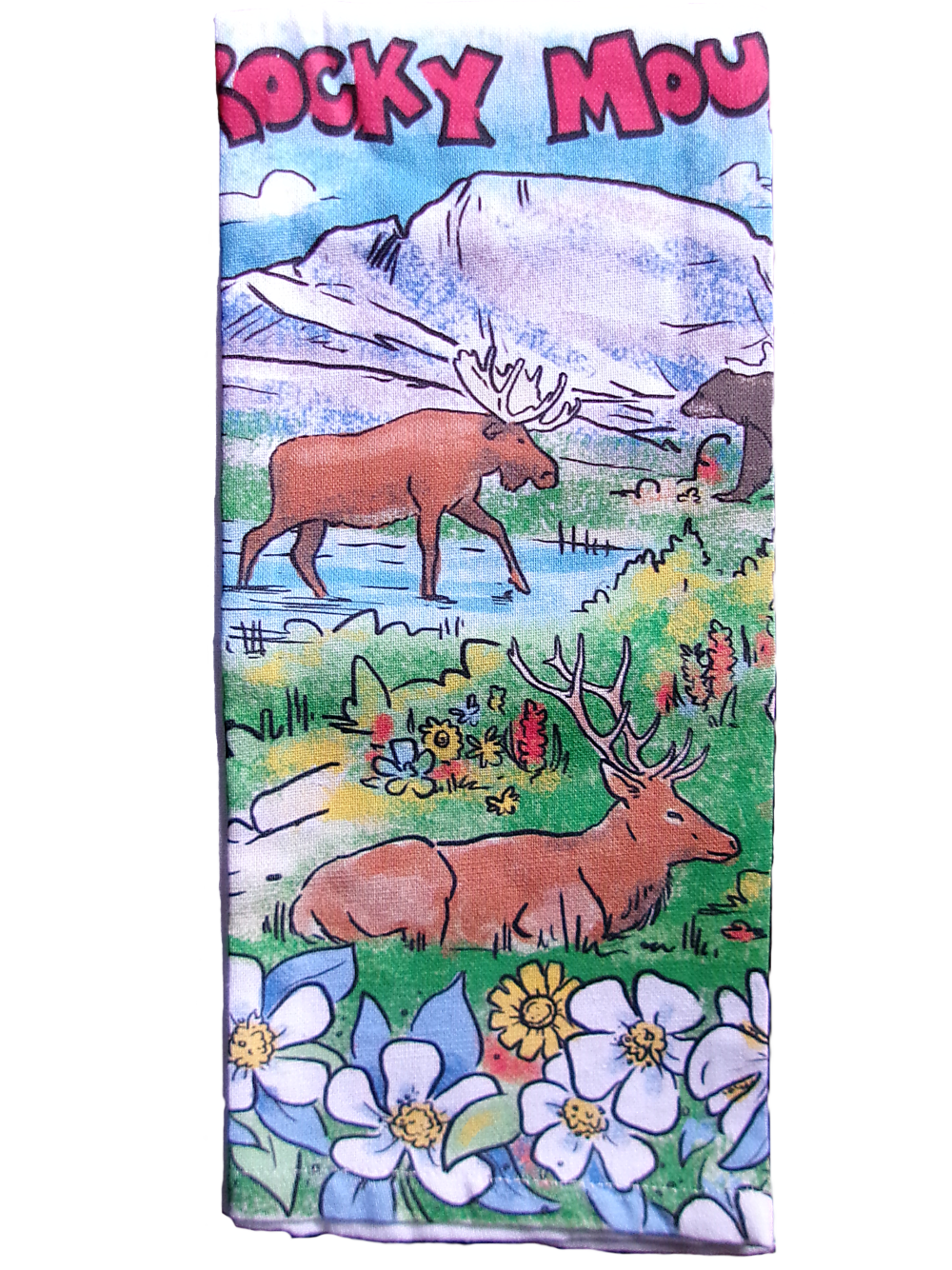 Colorful tea towel with a variety of animals and flowers.