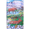Colorful tea towel with a variety of animals and flowers.