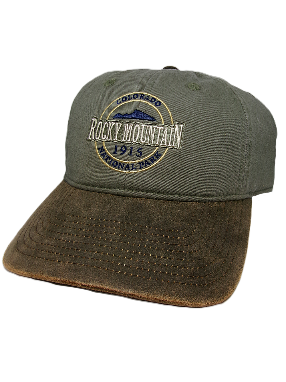A green and brown RMNP Vintage hat with "Rocky Mountain National Park 1915 Colorado" embroidered on the front.