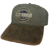 A green and brown RMNP Vintage hat with "Rocky Mountain National Park 1915 Colorado" embroidered on the front.